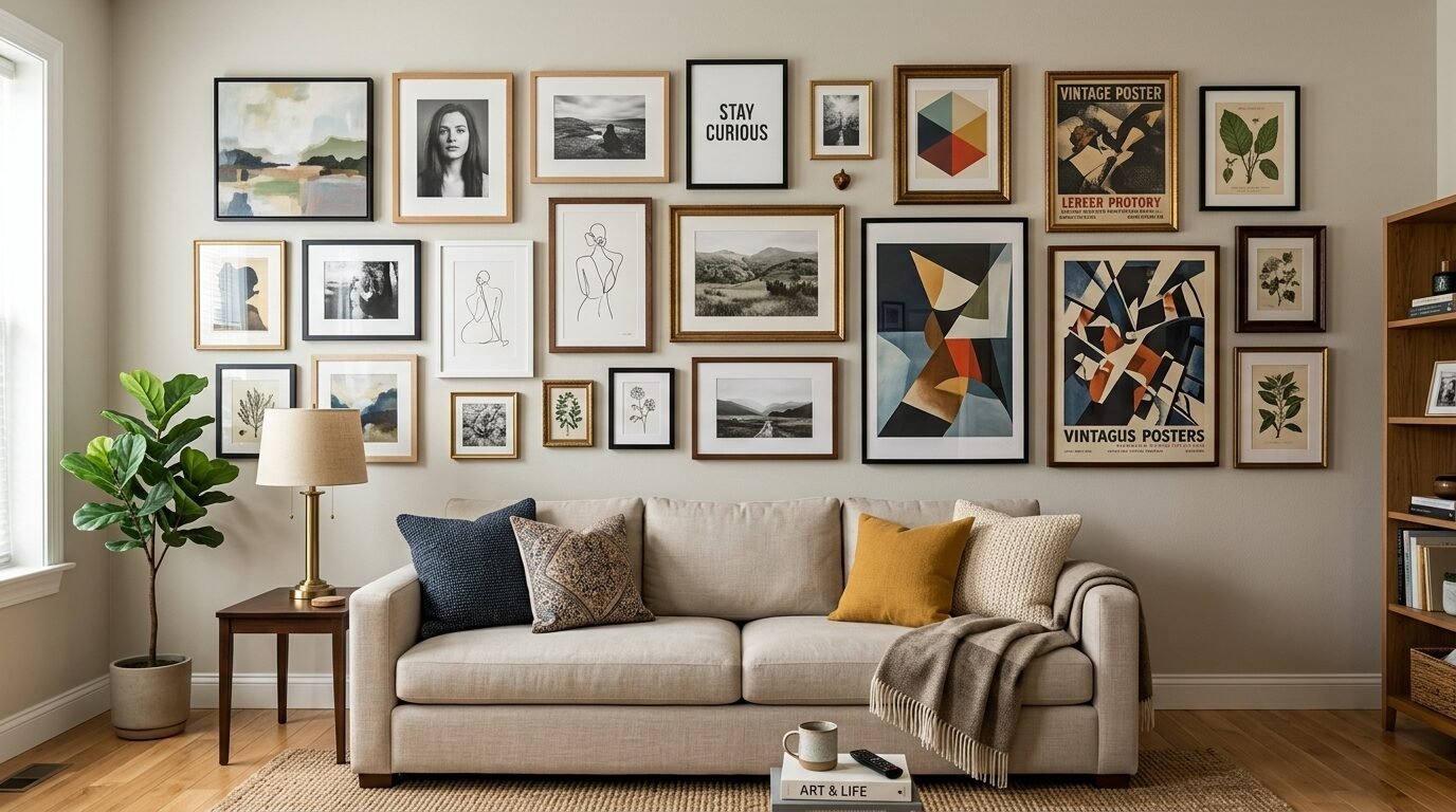 Eclectic collection of framed art prints and photographs hung above a neutral-colored couch in a cozy living room.