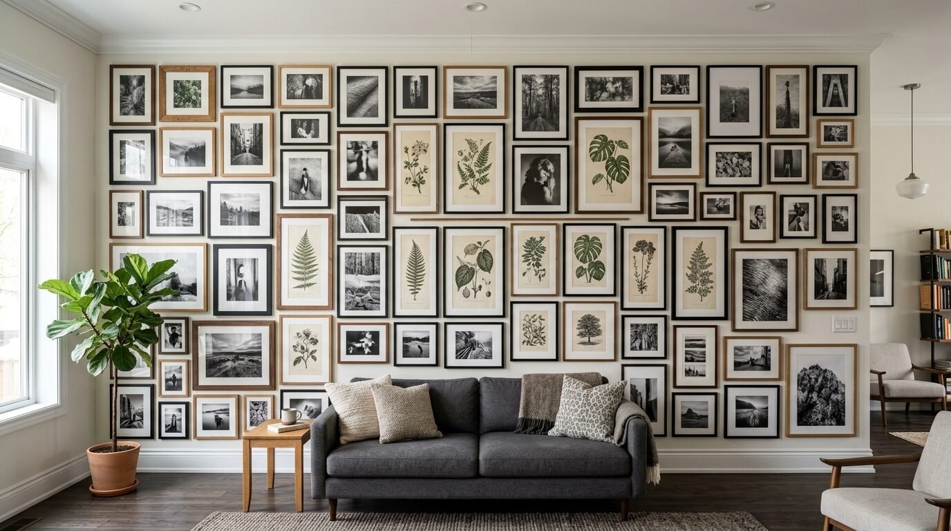 A grey sofa sits in front of a floor-to-ceiling grid wall filled with various framed pictures and botanical sketches.