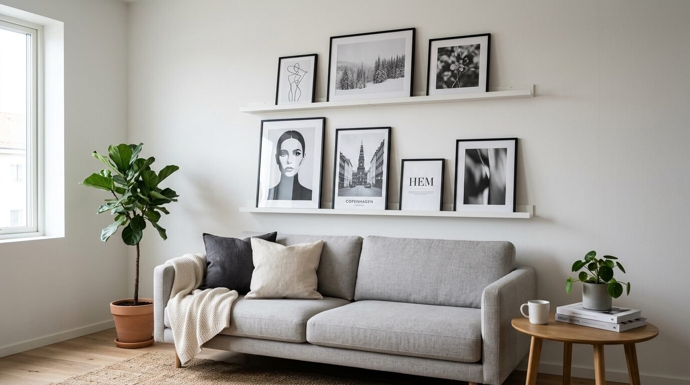 A light grey sofa under a gallery wall of framed monochrome posters, beside a fiddle leaf fig plant.