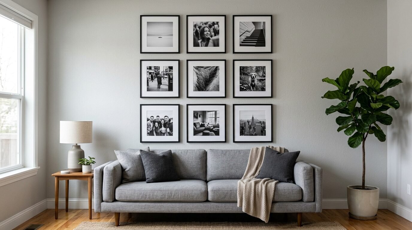 A grey couch sits under a three-by-three grid of black and white framed photos on a light grey wall.