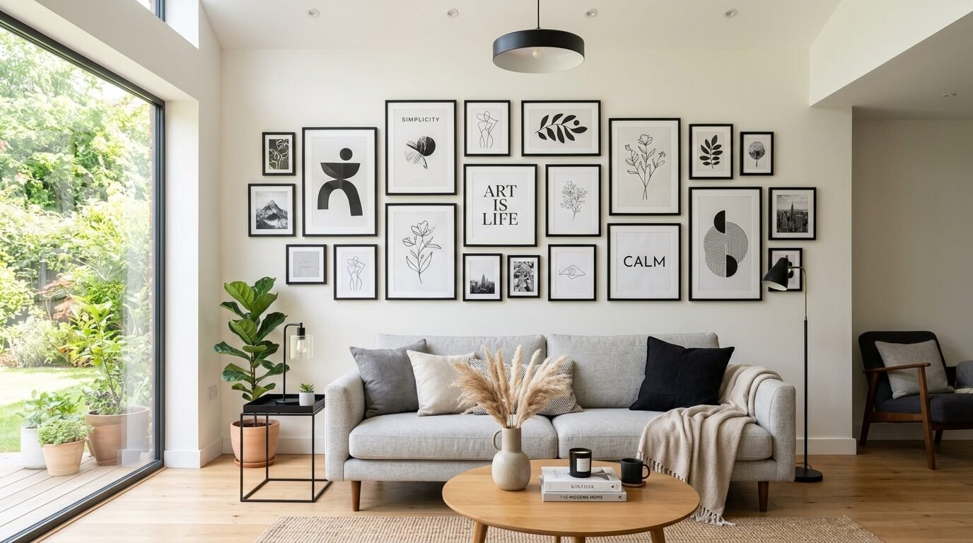Living room featuring a large grid gallery wall of black and white art prints over a modern grey couch.