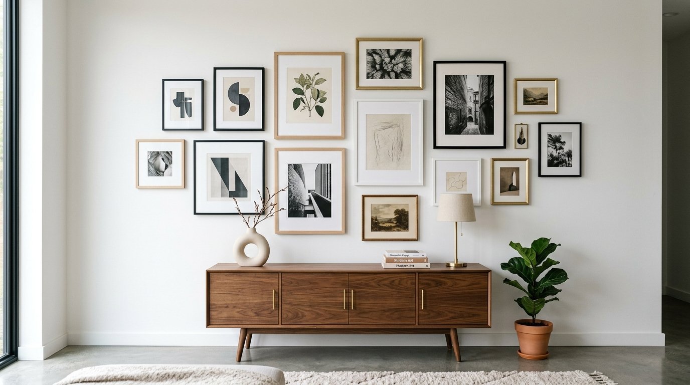 Eclectic collection of framed art prints arranged on a white wall over a walnut console table with a potted plant.