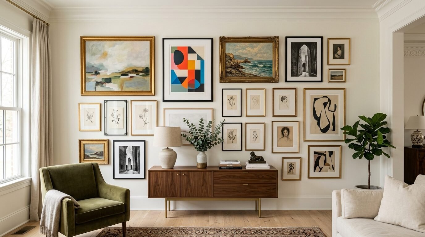 A large gallery wall featuring a mix of framed art, sketches, and paintings above a modern wooden console table.