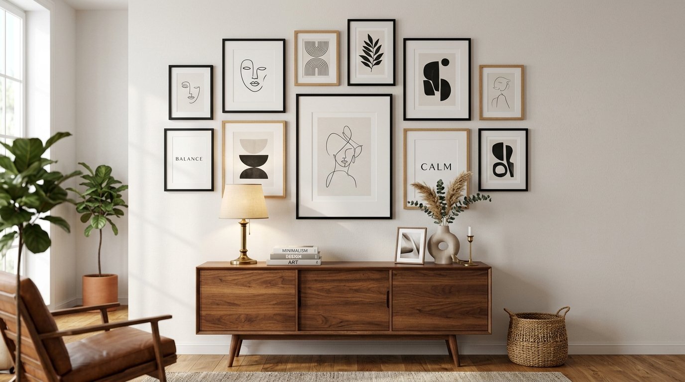 A gallery wall with abstract black and white line art prints hanging above a wooden cabinet with a lamp.