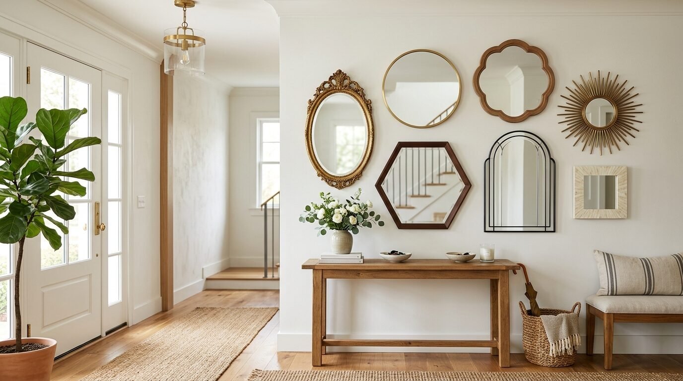A rustic wood console table sits beneath an arrangement of various shaped mirrors in a bright, modern home entryway.
