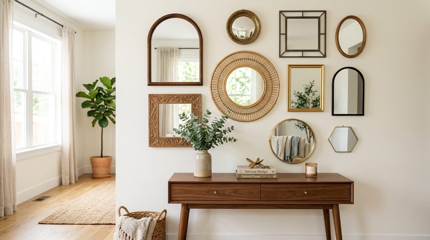 A collection of various shaped mirrors displayed on a wall over a modern walnut wood console table with home decor.