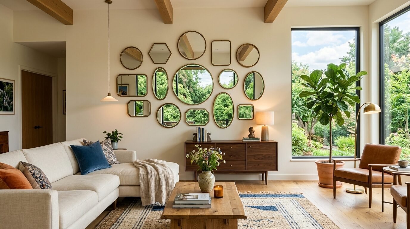 Cream sofa and leather chair in a bright living room with a feature wall of assorted brass-framed mirrors.