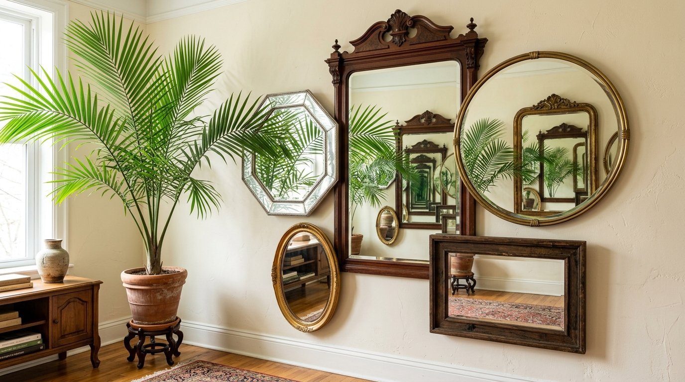 Several wall-mounted mirrors of varying shapes and sizes next to a tall green potted palm plant.
