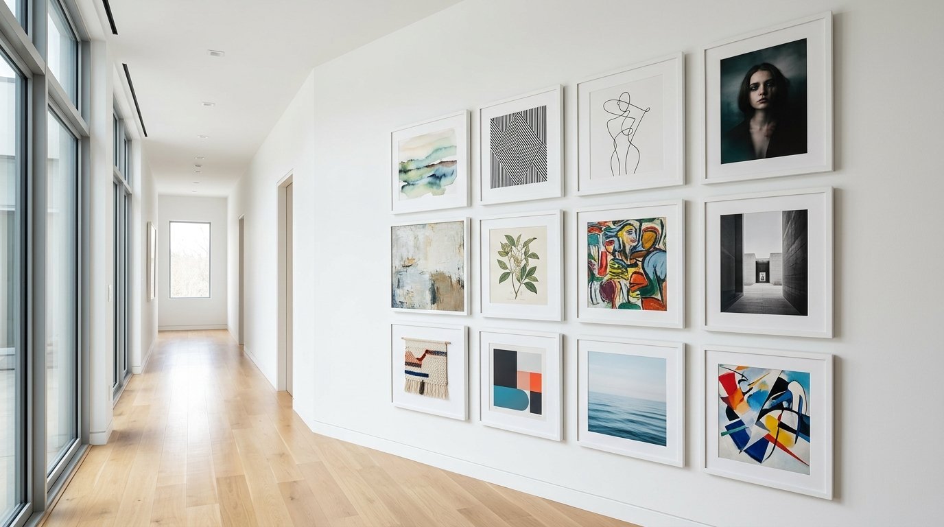 A collection of twelve framed artworks arranged in a grid on a white wall in a minimalist, sunlit residential corridor.