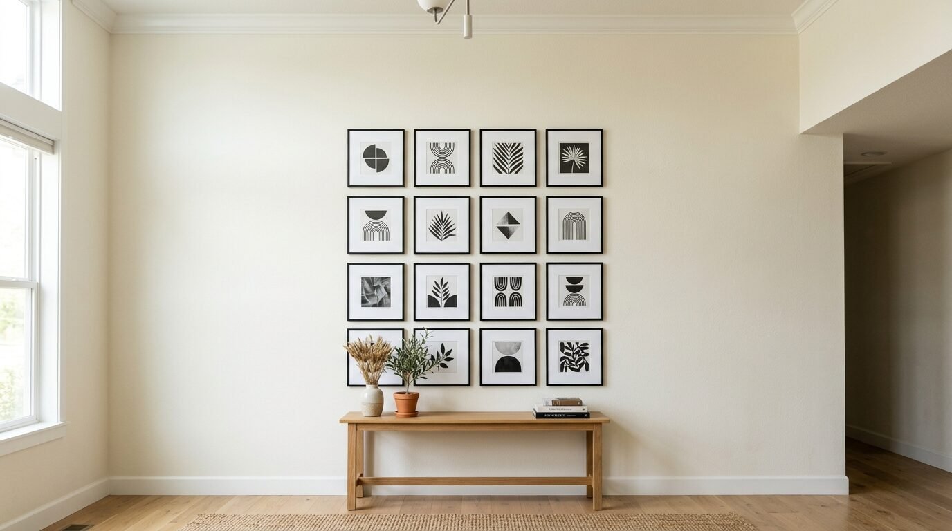 A sixteen-frame grid of abstract black and white geometric art hanging above a light wood bench.
