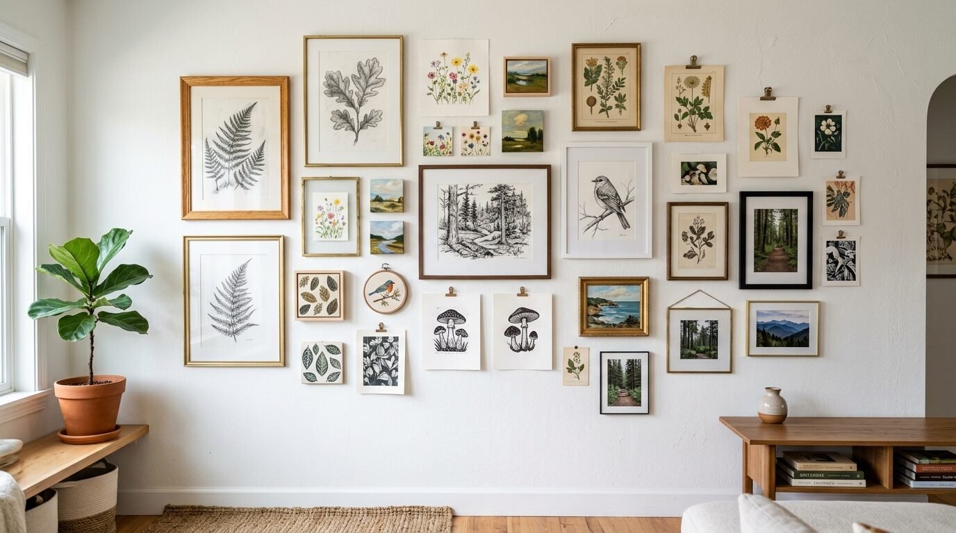 A white wall decorated with a collection of framed botanical art, nature sketches, and small landscape paintings.