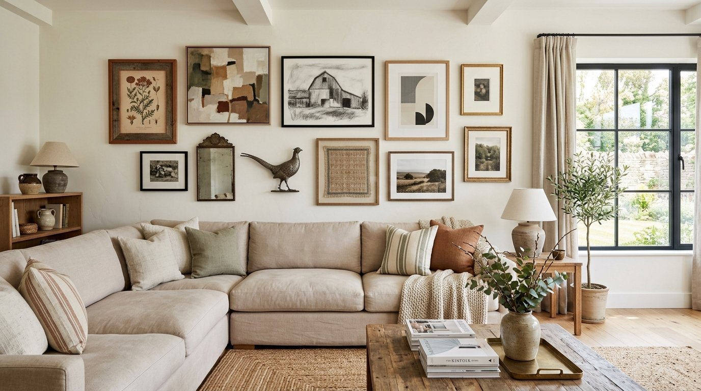 Cozy living room featuring a sectional sofa and wall art arranged as a gallery display.