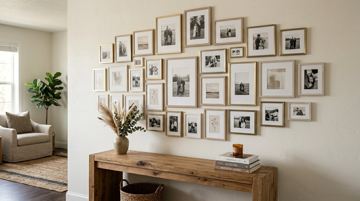 A gallery wall with various sized wood frames containing family photos above a wooden console table.