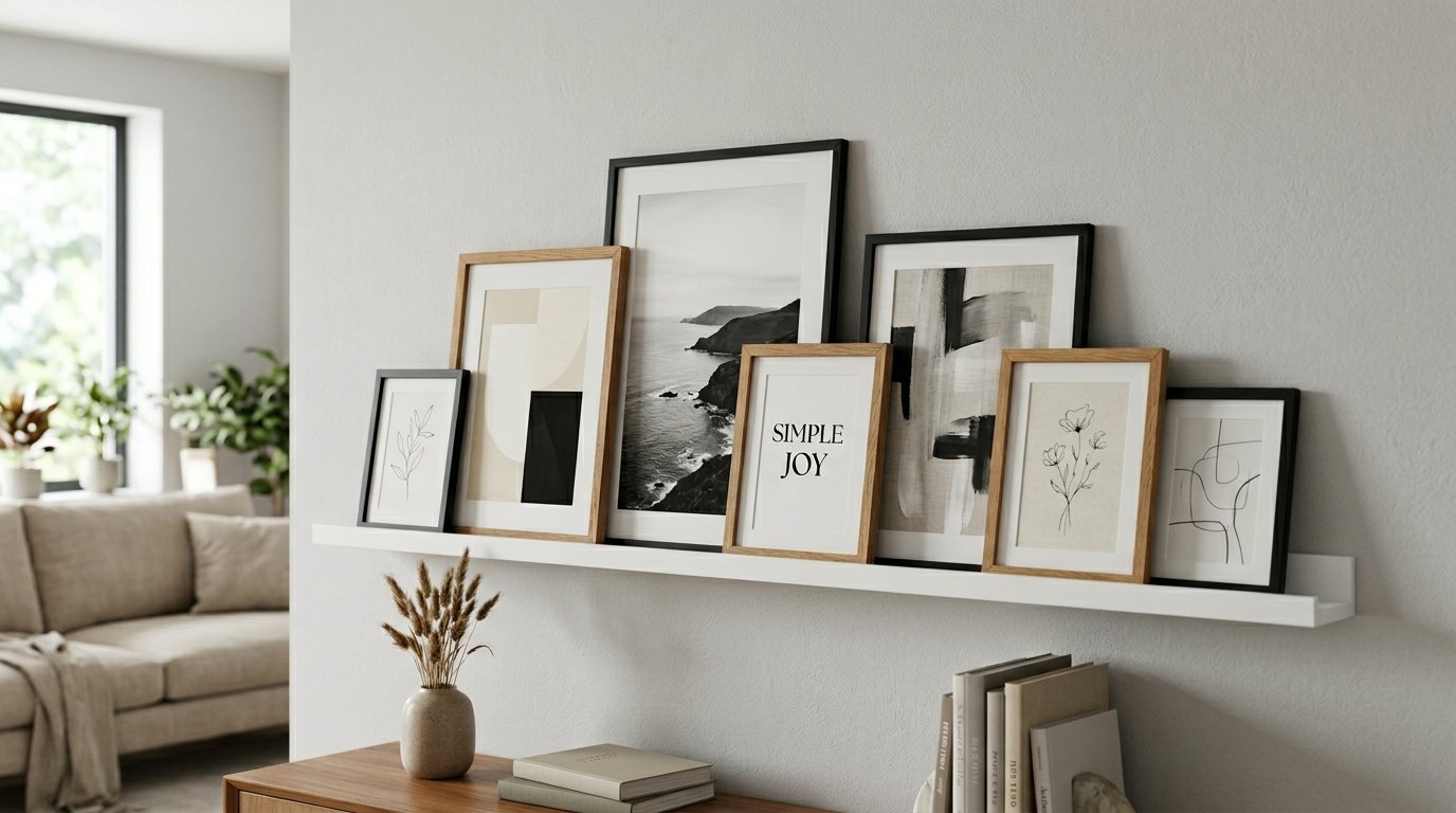 White floating shelf holding various black and wooden frames with abstract, botanical, and landscape artwork.