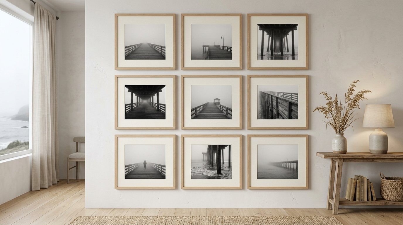 Nine framed monochrome prints of ocean piers displayed in a 3x3 square arrangement on a white wall.