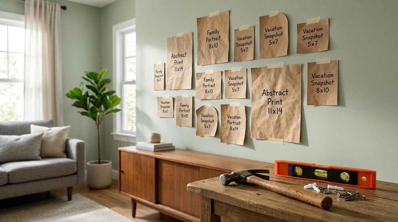 Brown paper templates taped to a green wall to plan a gallery wall layout with tools nearby.
