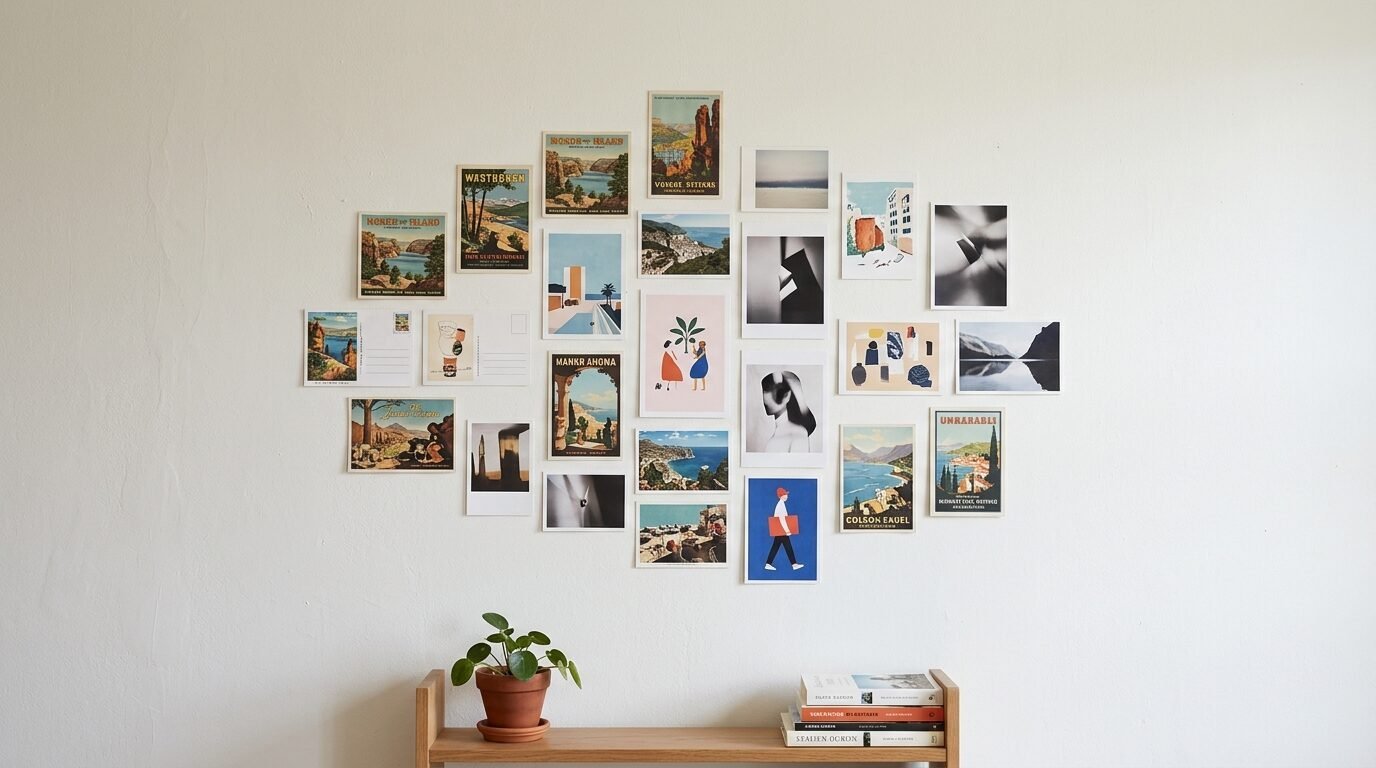 A collage of diverse vintage-style travel postcards and artistic prints arranged neatly on a white wall.