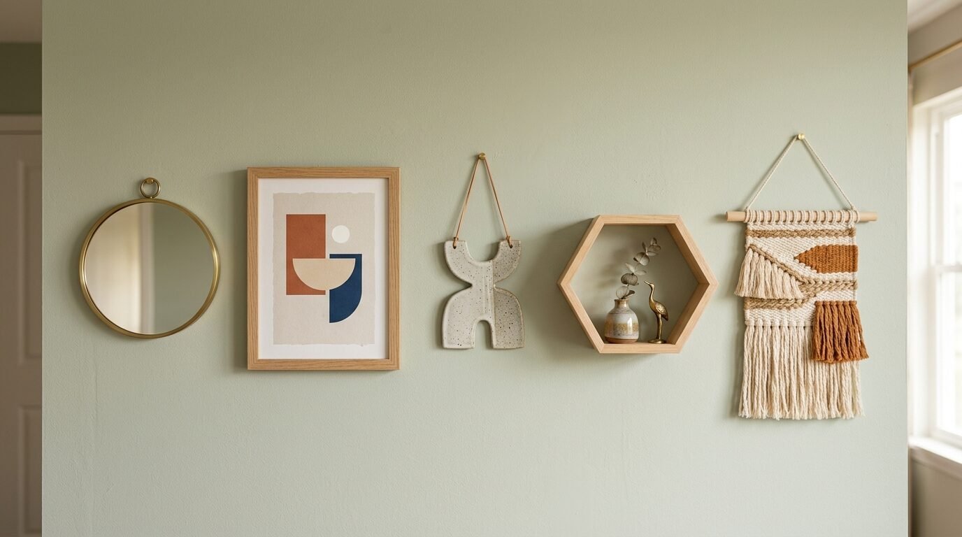 Round mirror, geometric print, ceramic sculpture, hexagon shelf, and macrame hanging displayed on sage wall.