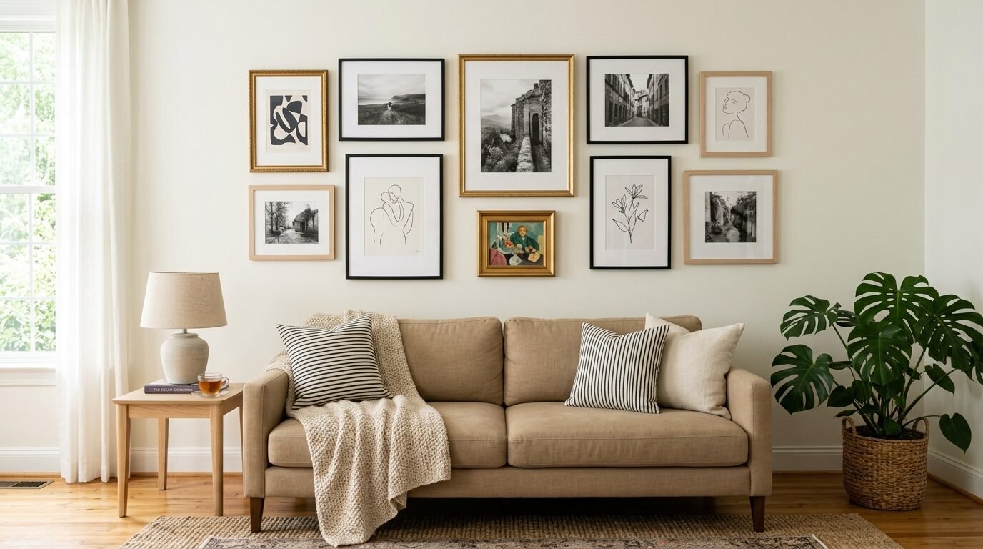 A beige sofa sits beneath a collection of framed art pieces in a cozy, modern living room.