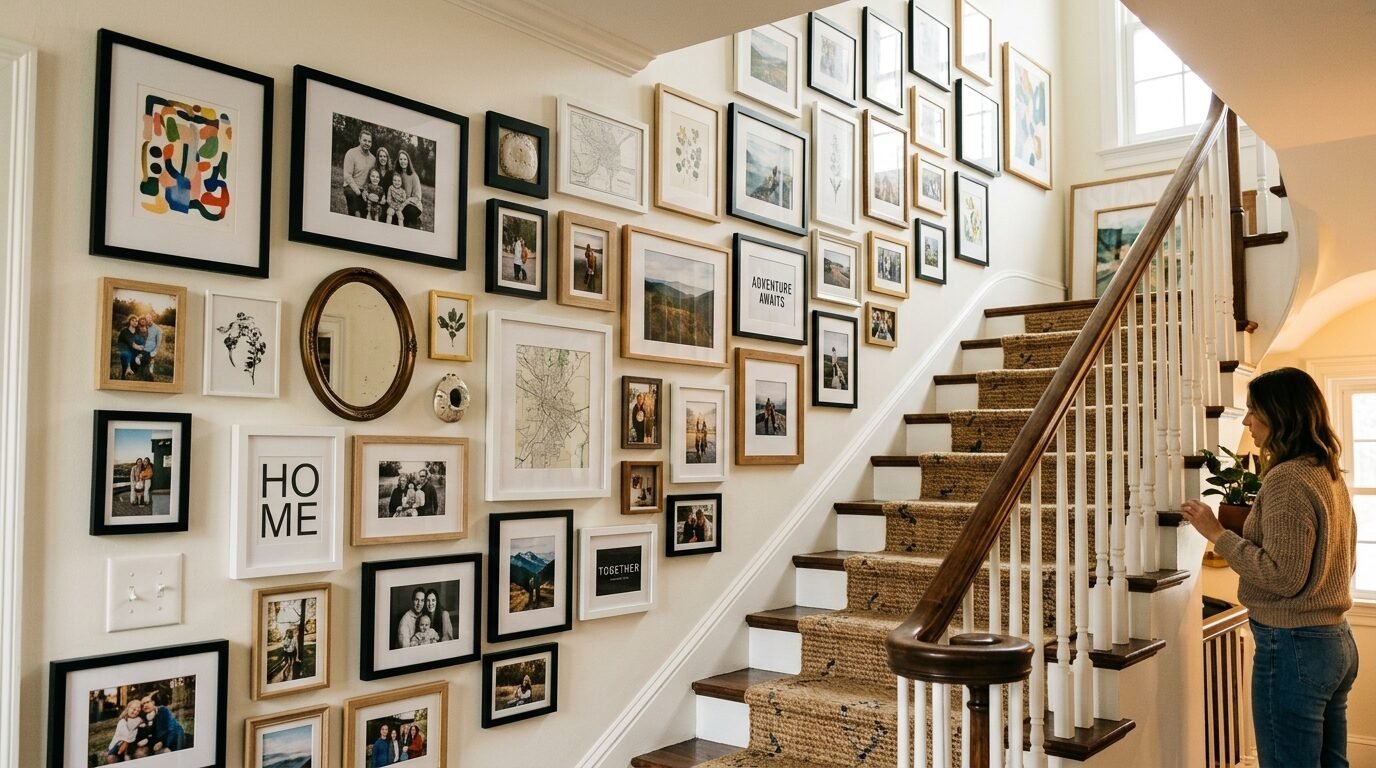A woman stands on stairs beside a wall covered in various framed photos, maps, and art prints.