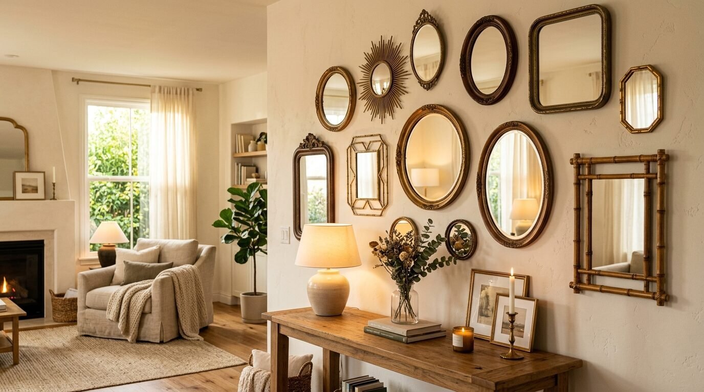 A beige wall features a diverse arrangement of various shaped mirrors above a rustic console table with a lamp.