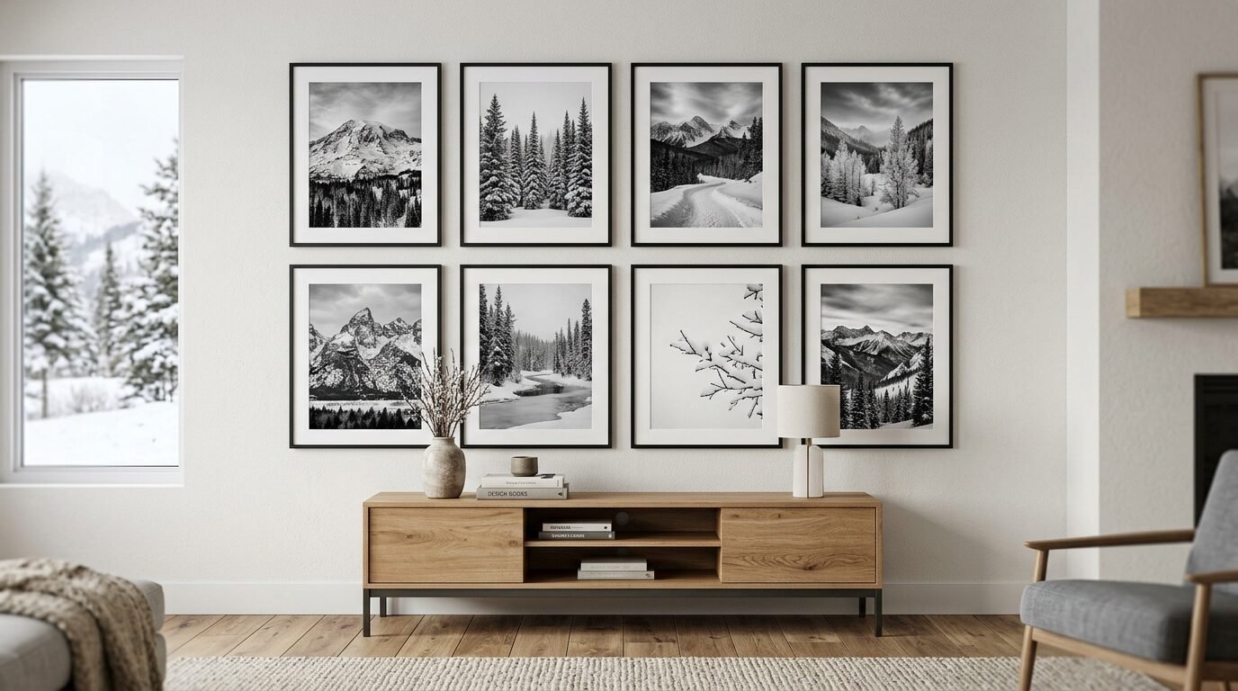 A set of eight framed monochrome winter nature photos hanging on a living room wall above a modern wooden media cabinet.