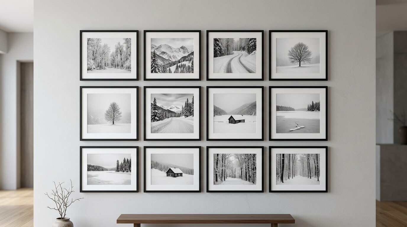 Grid display of twelve monochrome winter scenery photos featuring snowy forests, mountains, and wooden cabins on a white wall.