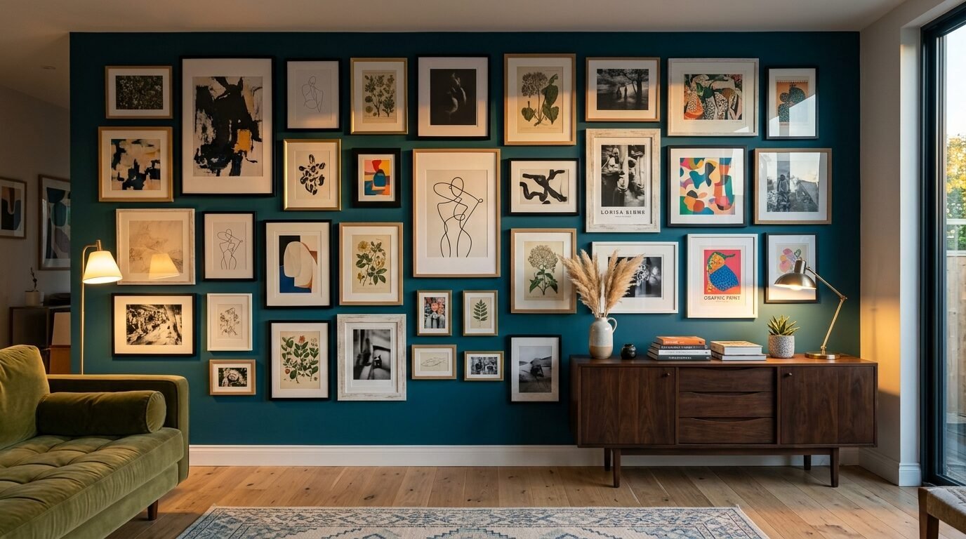 A large dark blue wall decorated with numerous framed artworks, positioned above a wooden mid-century modern sideboard.
