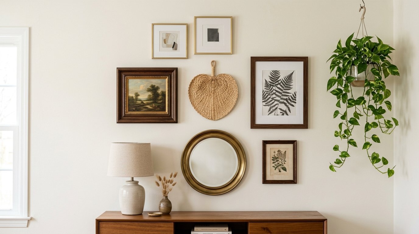 A mid-century modern gallery wall with framed art, a woven fan, a round brass mirror, and a hanging pothos plant.