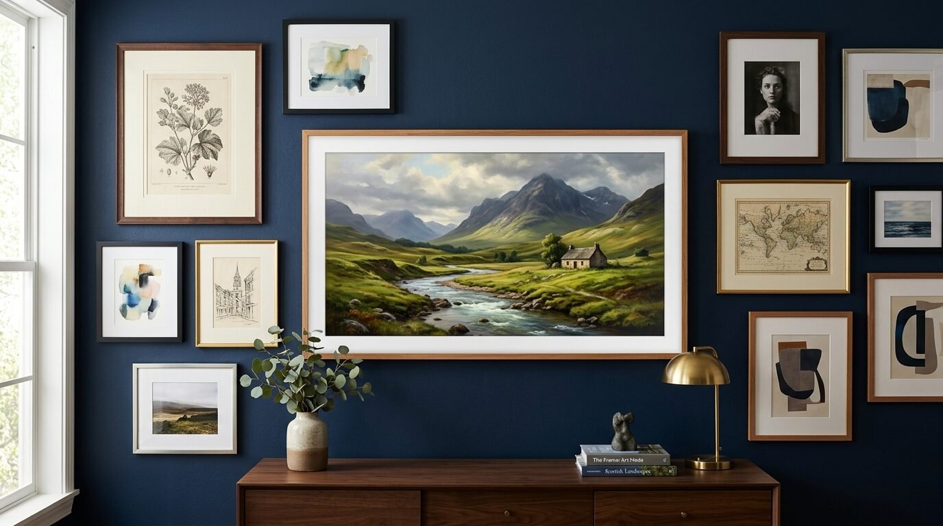 A gallery wall featuring a central landscape TV screen surrounded by eclectic framed art on a navy blue wall.