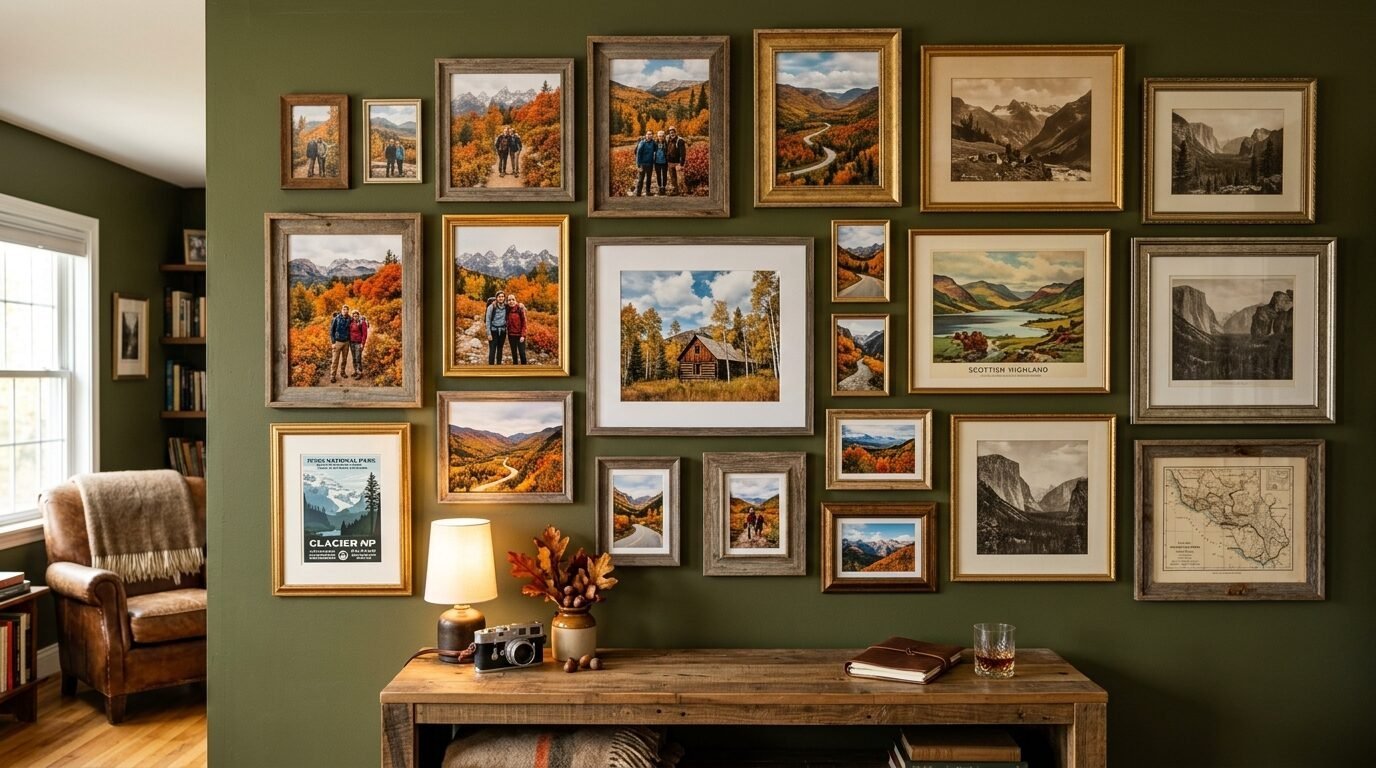 An olive green wall filled with assorted framed nature prints, mountain photos, and a rustic wooden console table.