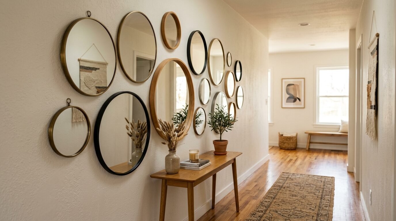 Wooden console table sits beneath an assortment of round mirrors on a white wall in a sunlit home hallway.