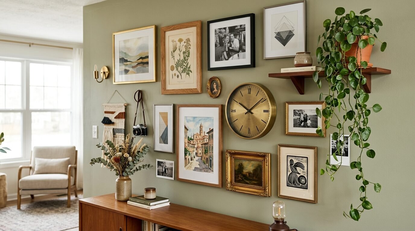 Sage green wall decorated with a large brass clock, framed art prints, vintage photographs, and a trailing potted plant.