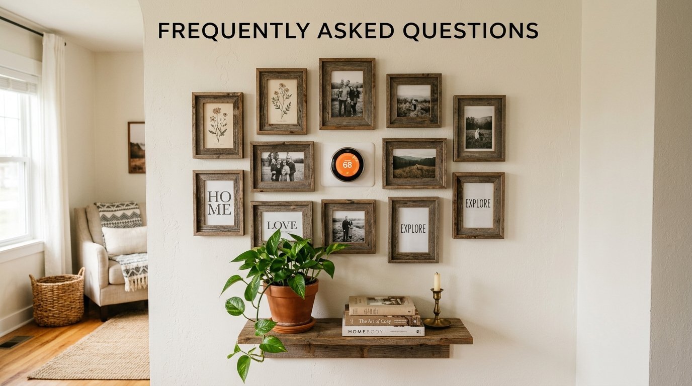 A cream colored wall decorated with rustic wood frames, a central smart thermostat, and a shelf with plants and books.