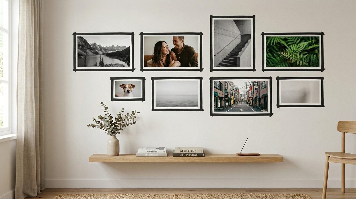 A collage of seven varied landscape and portrait photos taped to a white living room wall above a wooden floating shelf.