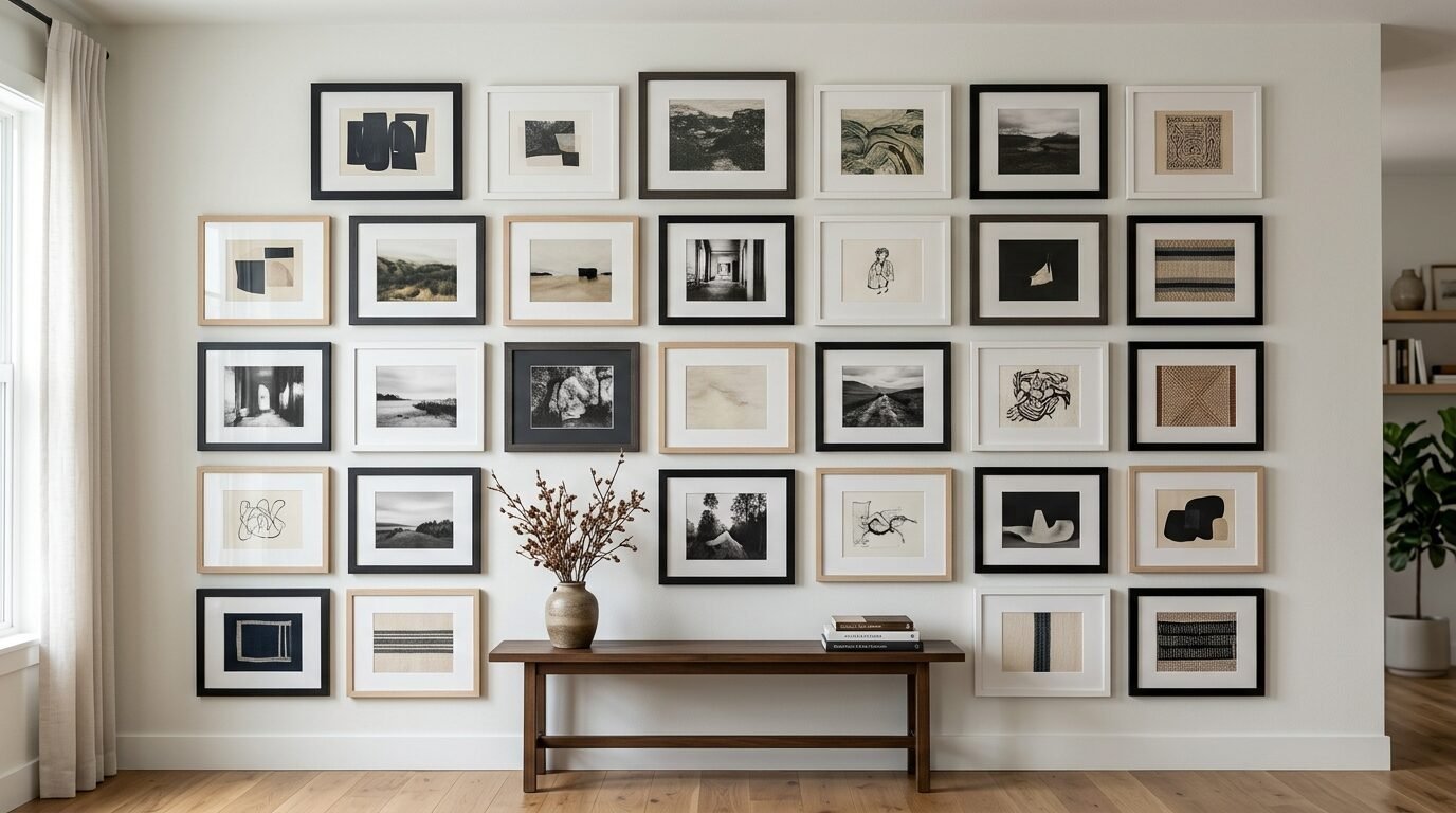 A symmetrical gallery wall display with mixed black and wood frames hanging above a simple wooden bench.