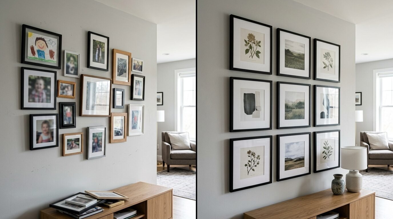 A split-screen image showing a mixed family photo gallery wall next to a symmetrical grid of framed botanical art.