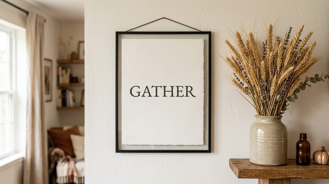 Floating black picture frame with the text Gather hanging on a white wall next to a vase of dried wheat.