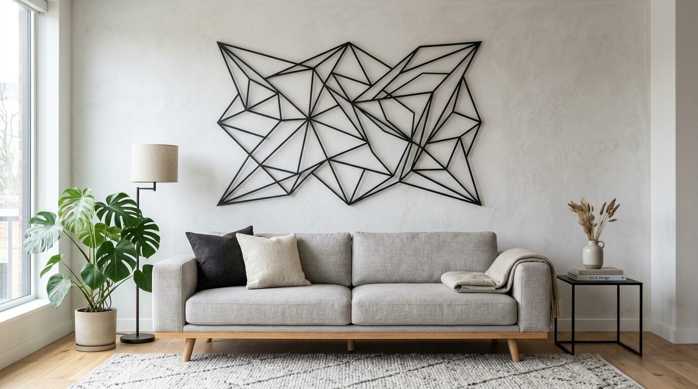 Modern grey couch centered beneath a large, intricate black wire-frame geometric wall decoration.