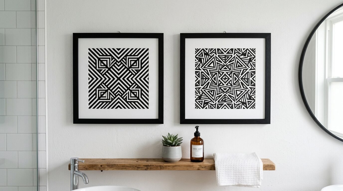 A rustic wooden shelf holds a small succulent and soap bottle beneath two square black and white patterned frames.