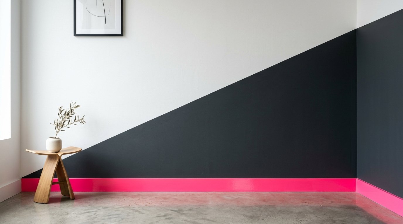 Modern interior wall with a diagonal split and bright pink baseboard molding next to a wooden stool.