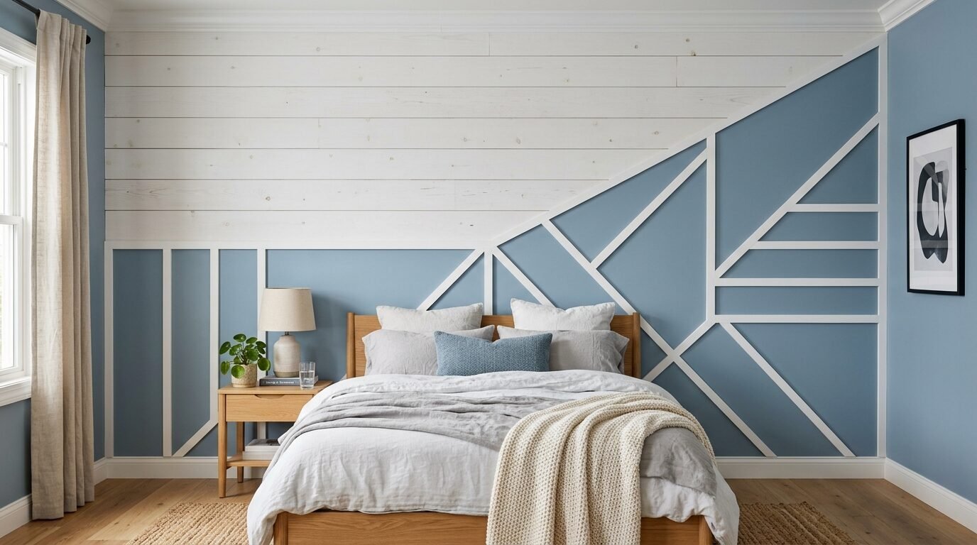 A bedroom features a wood bed frame against a blue wall with white geometric molding and horizontal white wood planks.