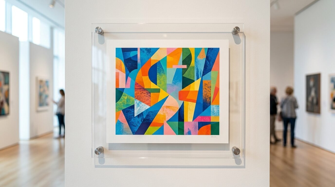 Close up of a modern square painting with sharp geometric shapes and textured color gradients in a white gallery.