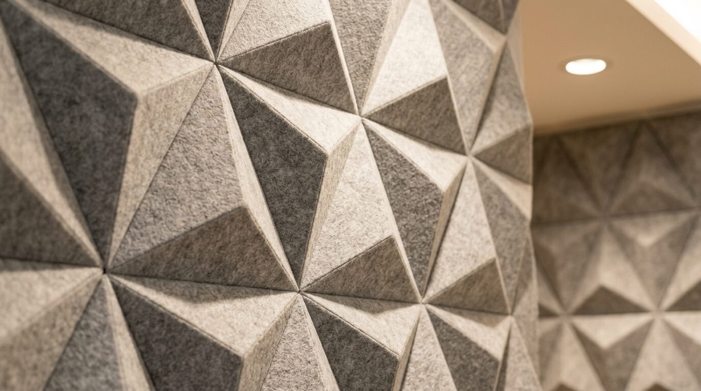 Close-up view of textured grey acoustic wall tiles arranged in a repeating geometric pyramid shape.