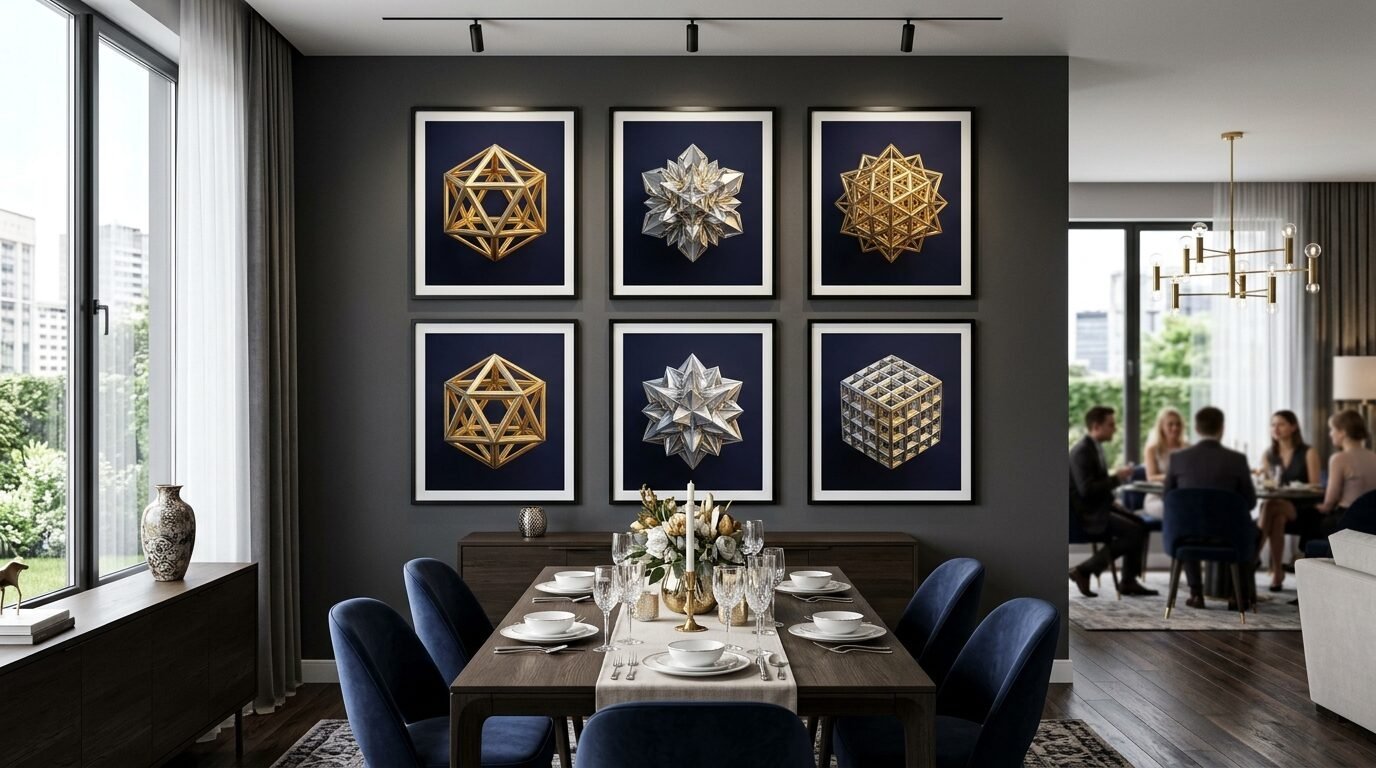 A modern dining room wall displaying six framed prints of gold and silver geometric shapes over a wooden table.