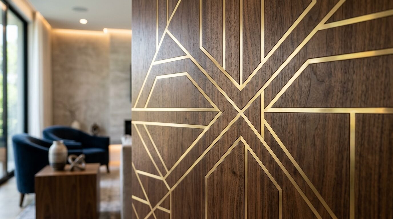 Decorative dark wood wall feature featuring intricate gold geometric lines, with a blurred living room background.