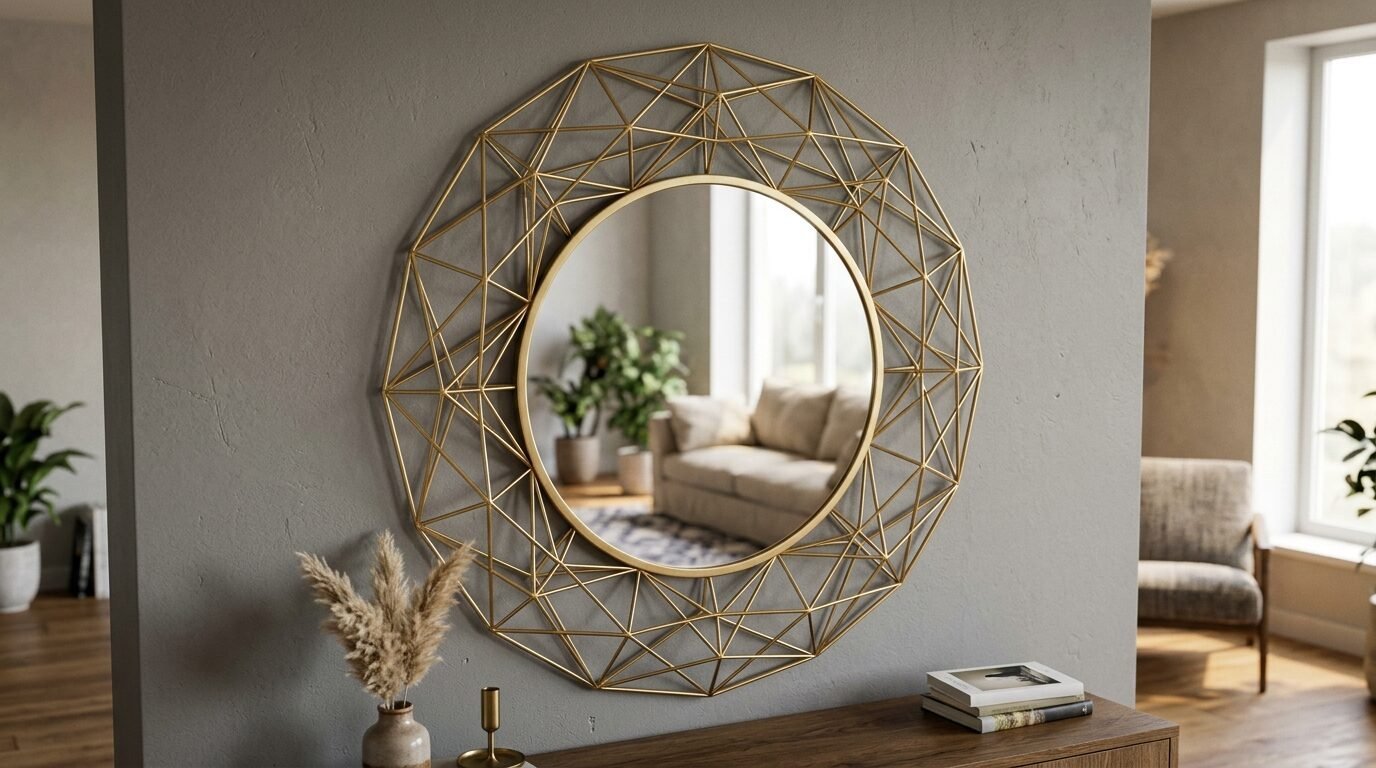 Round mirror featuring a complex gold-toned wire structure mounted on a grey wall above a wooden console table.
