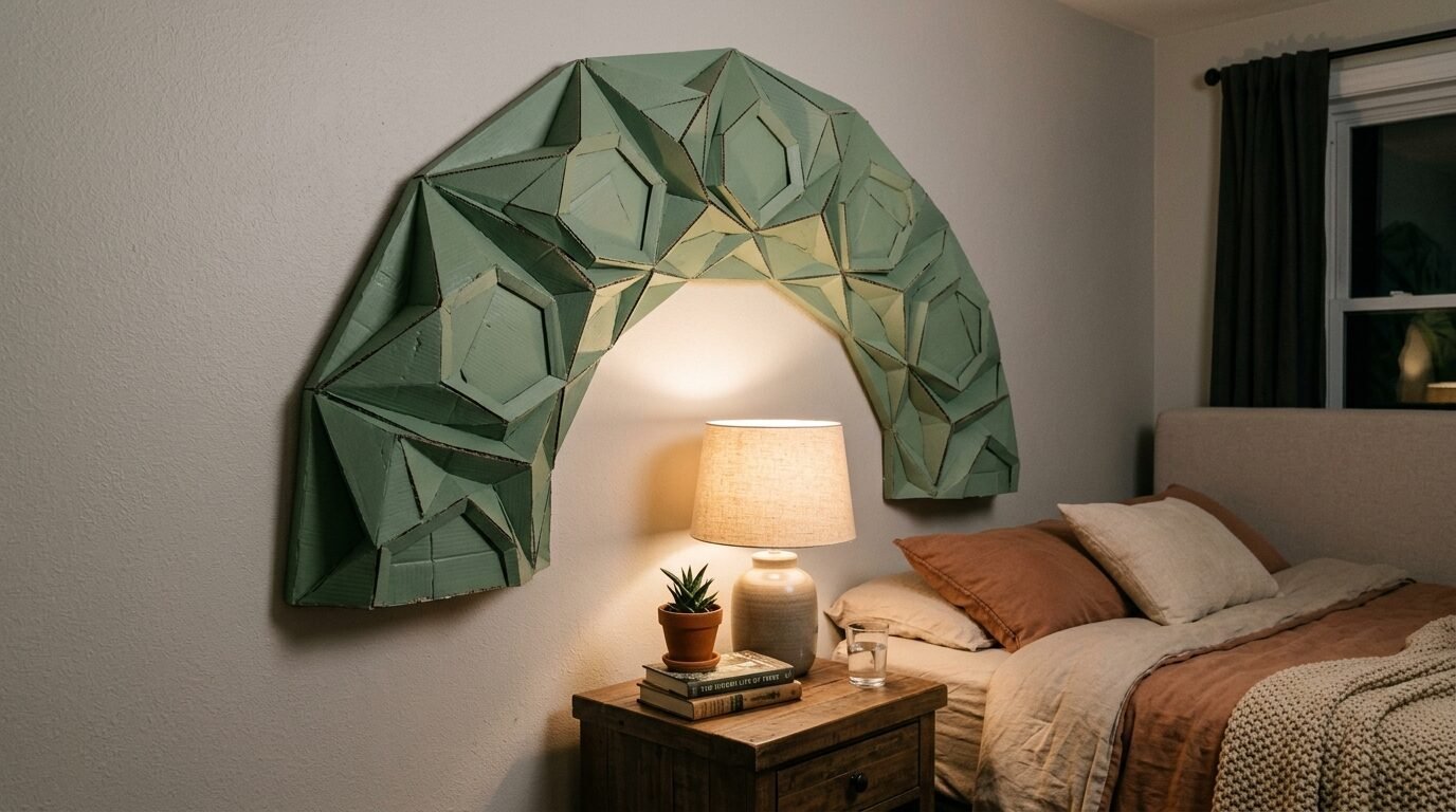 A decorative green geometric arch made of cardboard hangs on a bedroom wall above a lamp and a side table.