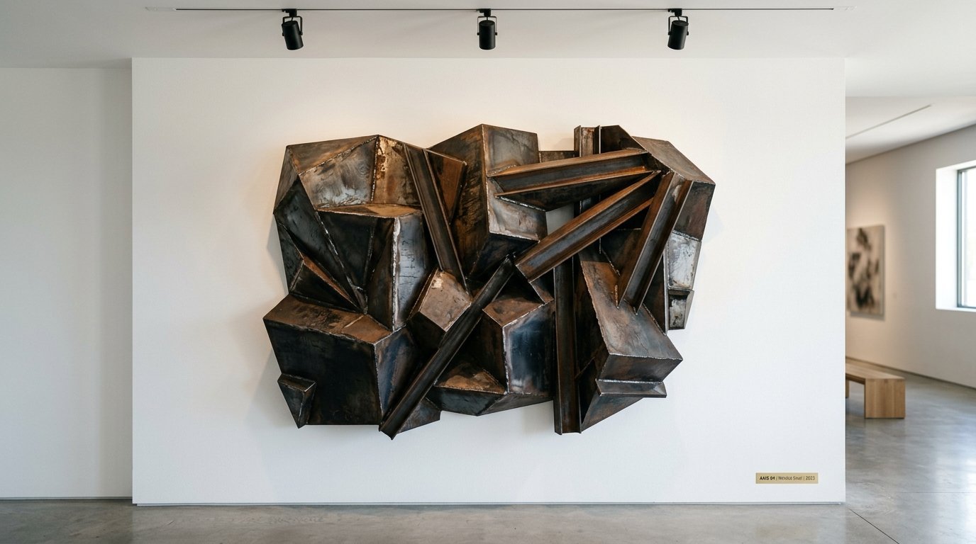 A large, dark welded steel art piece with sharp, geometric angles displayed in an art museum.