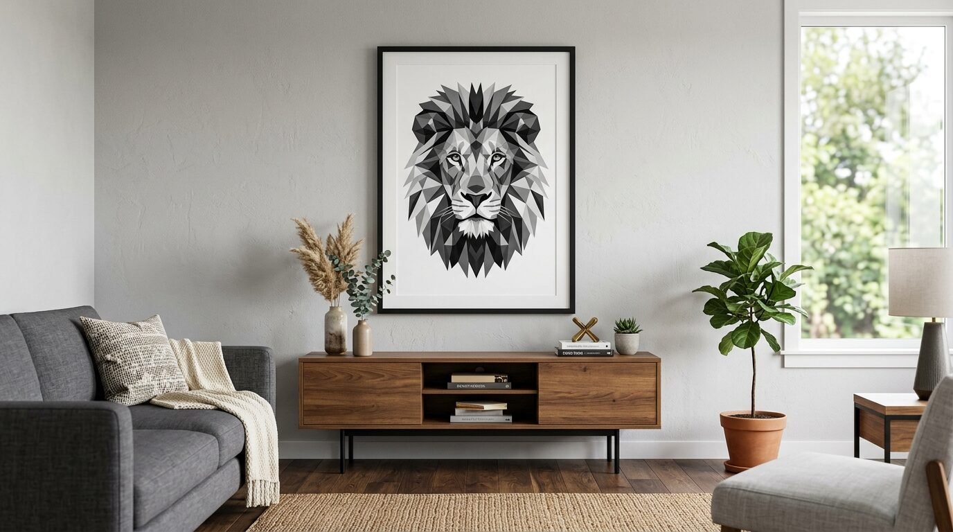 Monochrome low-poly lion print in a black frame displayed on a beige living room wall.